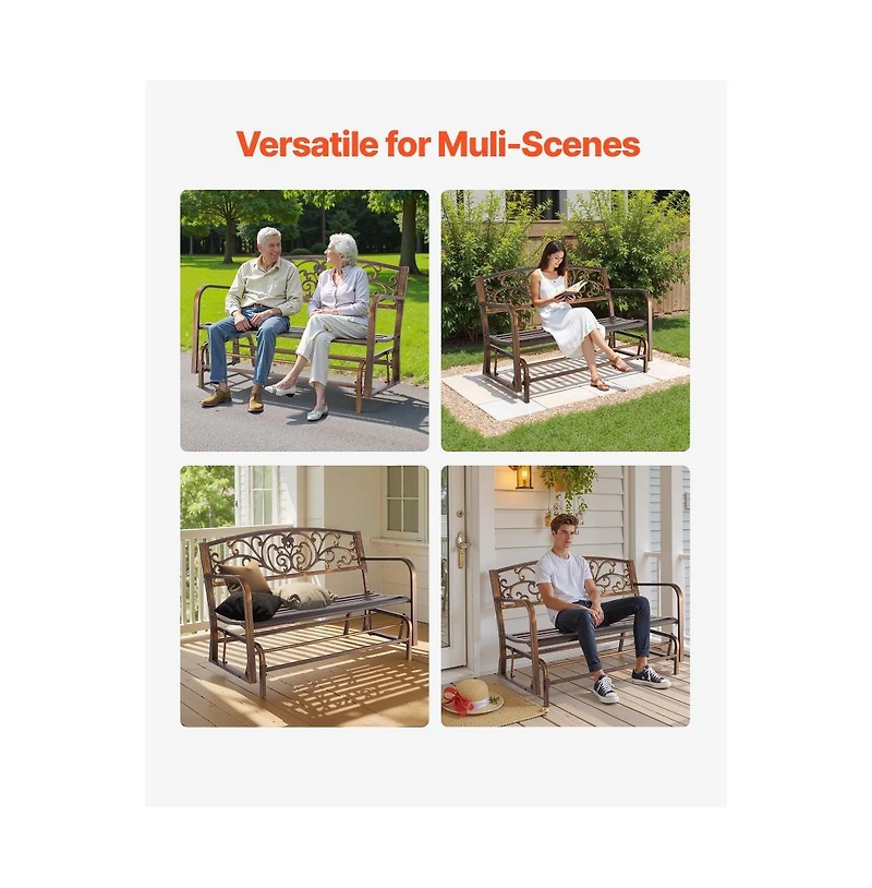 Slickblue Patio Glider Bench 50" with Metal Frame and Cast Iron Back for Outdoor Use