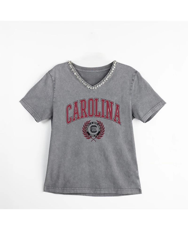 Gameday Couture Women's Gray South Carolina Gamecocks Iconic Edge Rhinestone V-Neck T-Shirt