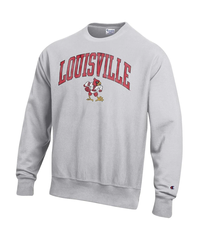 Champion Men's Gray Louisville Cardinals Distressed Arch Over Logo Reverse Weave Crew Neck Sweatshirt