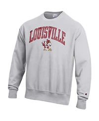 Champion Men's Gray Louisville Cardinals Distressed Arch Over Logo Reverse Weave Crew Neck Sweatshirt