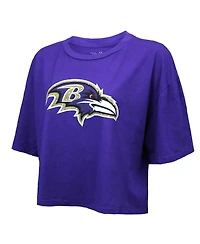Majestic Threads Women's Lamar Jackson Purple Baltimore Ravens Swarovski Crystals Boxy Cropped Name Number T-Shirt