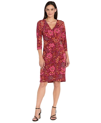 R & M Richards Women's Printed Faux Wrap 3/4-Sleeve Dress