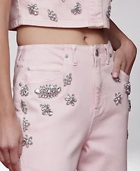 Avec Les Filles Women's Rhinestone-Trim Hollywood-Waist Wide-Leg Jeans