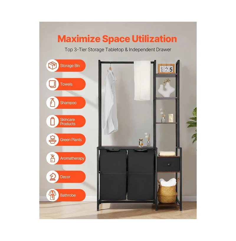 Slickblue Laundry Hamper with 3 Tiers, 2 Compartments, and Storage Rack