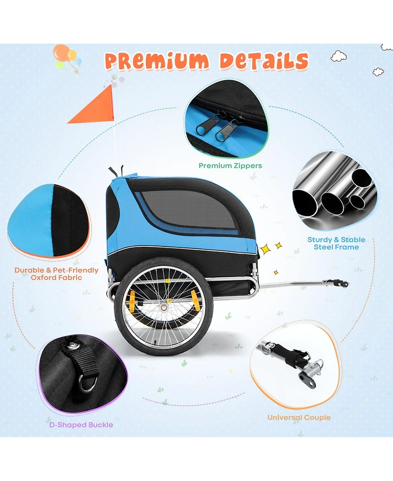 Sugift Dog Bike Trailer Foldable Pet Cart with 3 Entrances for Travel-Blue