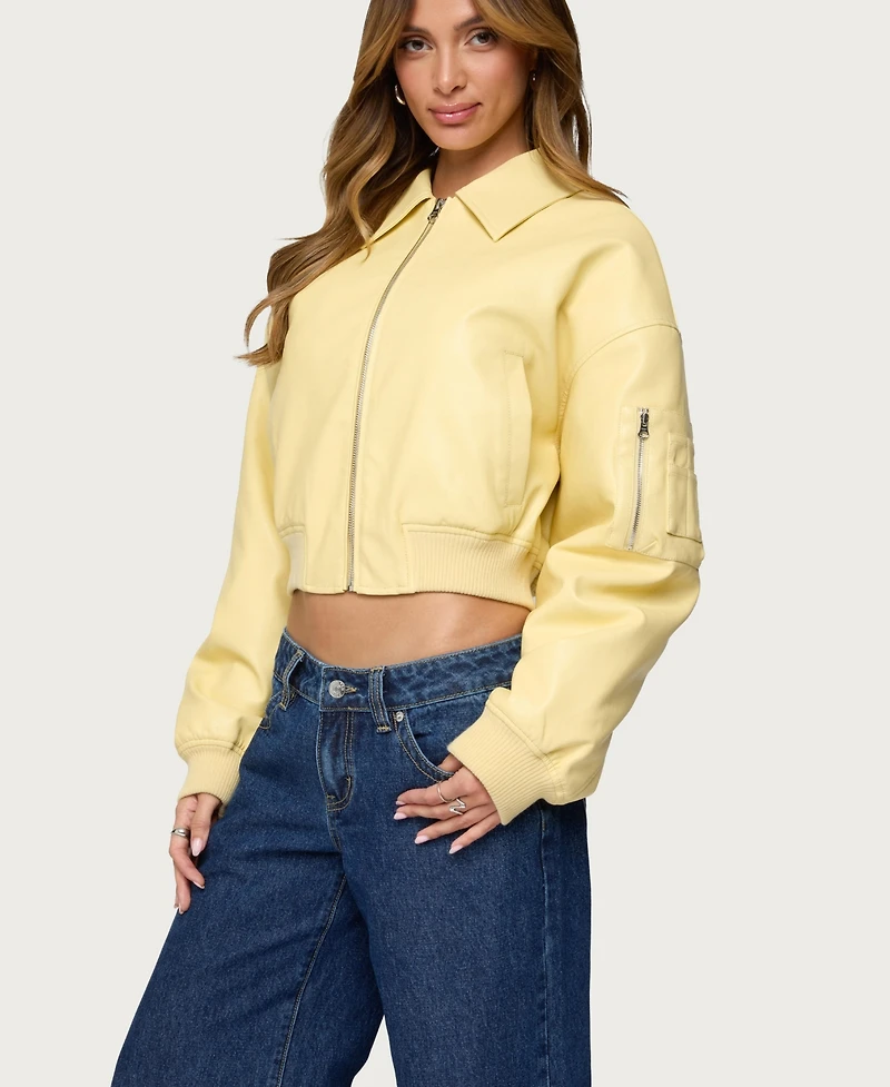 Edikted Women's Zayna Cropped Faux Leather Bomber Jacket