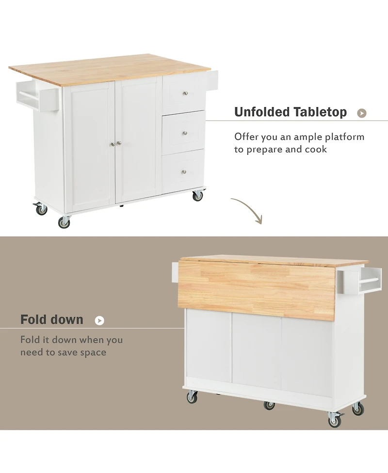 sumyeg Rolling Kitchen Island with Solid Wood Top, Drop Leaf Bar, Locking Wheels, Storage Cabinet, Spice Rack, Towel Rack and Drawer, 52.7inch