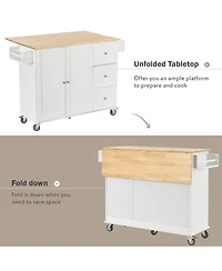 sumyeg Rolling Kitchen Island with Solid Wood Top, Drop Leaf Bar, Locking Wheels, Storage Cabinet, Spice Rack, Towel Rack and Drawer, 52.7inch