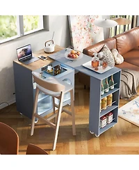 Casainc Rolling Kitchen Island with Extended Table, Led Lights, Power Outlets, 2 Fluted Glass Doors, Storage Compartment and 3 Open Side Shelves