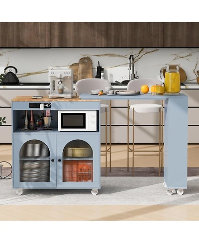 Casainc Rolling Kitchen Island with Extended Table, Led Lights, Power Outlets, 2 Fluted Glass Doors, Storage Compartment and 3 Open Side Shelves