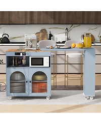 Casainc Rolling Kitchen Island with Extended Table, Led Lights, Power Outlets, 2 Fluted Glass Doors, Storage Compartment and 3 Open Side Shelves