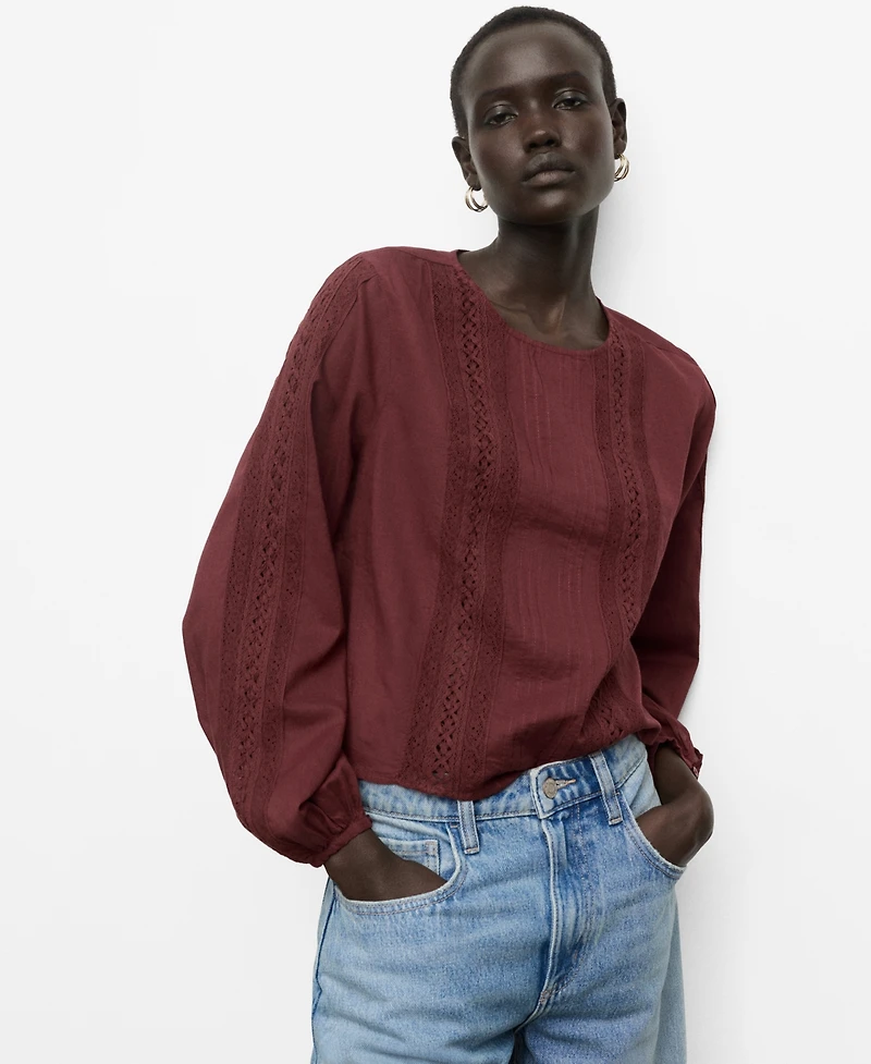 Mango Women's Embroidered Puff-Sleeve Blouse