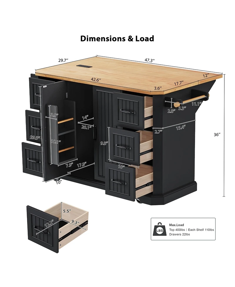 Casainc 56" Kitchen Island Cart, Drop Leaf, Power Outlet, 4 Shelves, 6 Drawers, Rubber Wood Veneer, Rolling for Dining Room