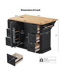 Casainc 56" Kitchen Island Cart, Drop Leaf, Power Outlet, 4 Shelves, 6 Drawers, Rubber Wood Veneer, Rolling for Dining Room