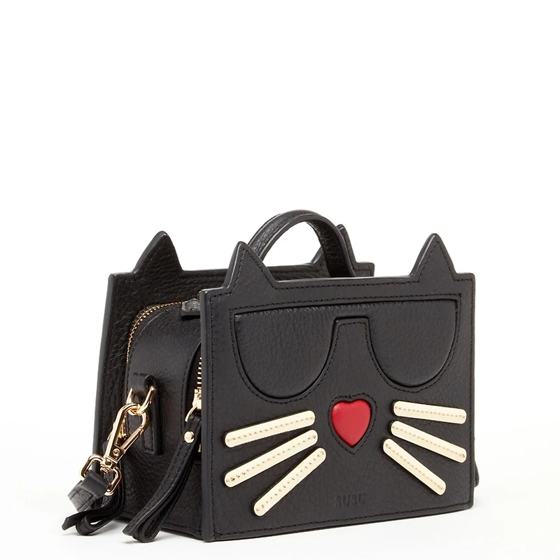 Pebble Leather Cat Crossbody Bag Cute Top Handle Purse Small Shoulder Handbag for Women & Girls with Gold Hardware and Detachable Strap
