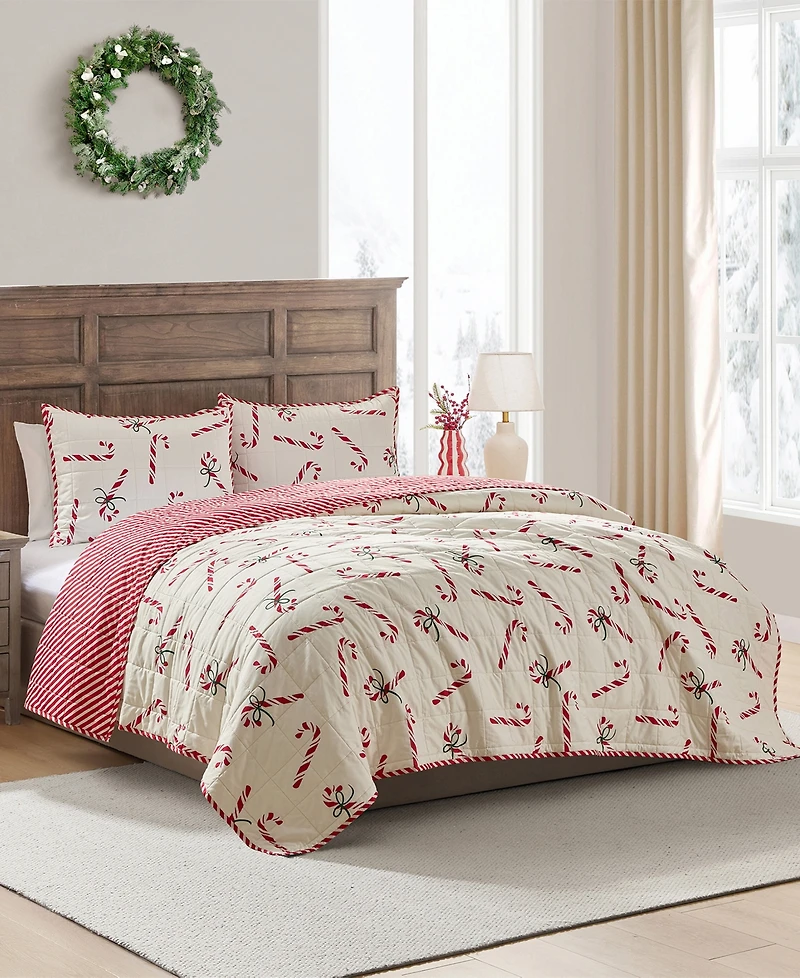 Hallmark Bedding Candy Canes Holiday 3-Pc. Quilt Set