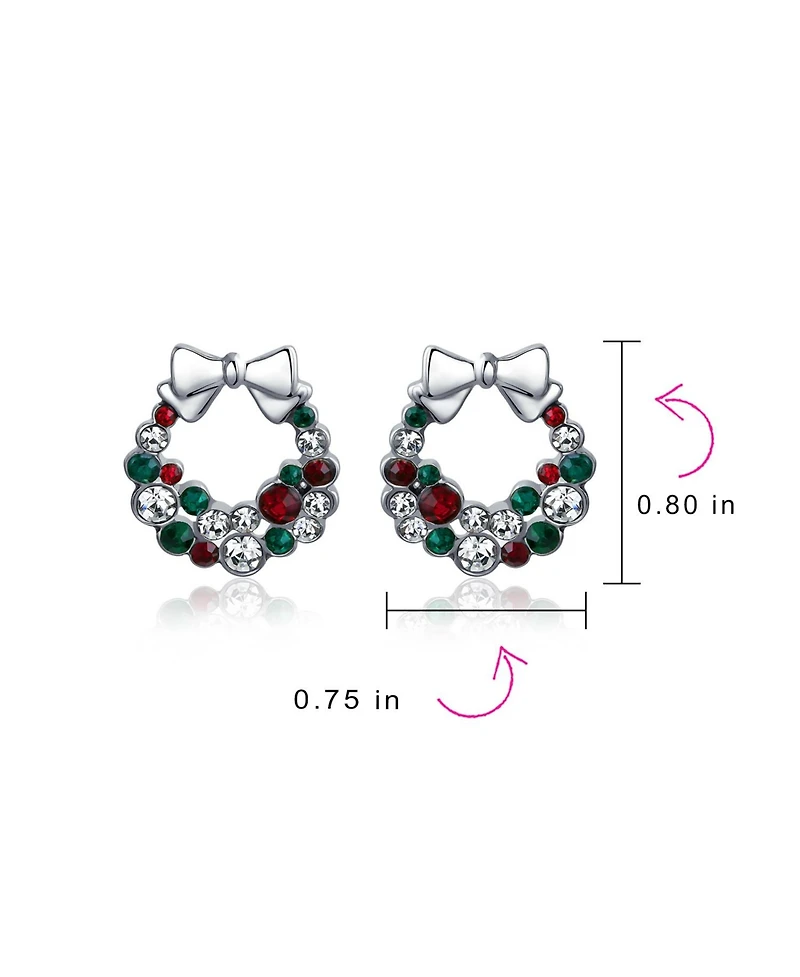 Bling Jewelry Fashion Sparkling Christmas Bow Red Green White Crystal Holiday Wreath Stud Earrings Crystal Silver Plated