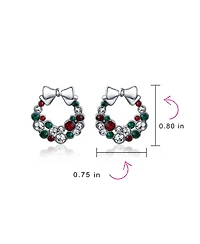 Bling Jewelry Fashion Sparkling Christmas Bow Red Green White Crystal Holiday Wreath Stud Earrings Crystal Silver Plated