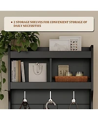 Clihome Slim Hall Tree with Cabinet and 6 Hooks, Minimalist Black Wood/Metal Foyer Organizer