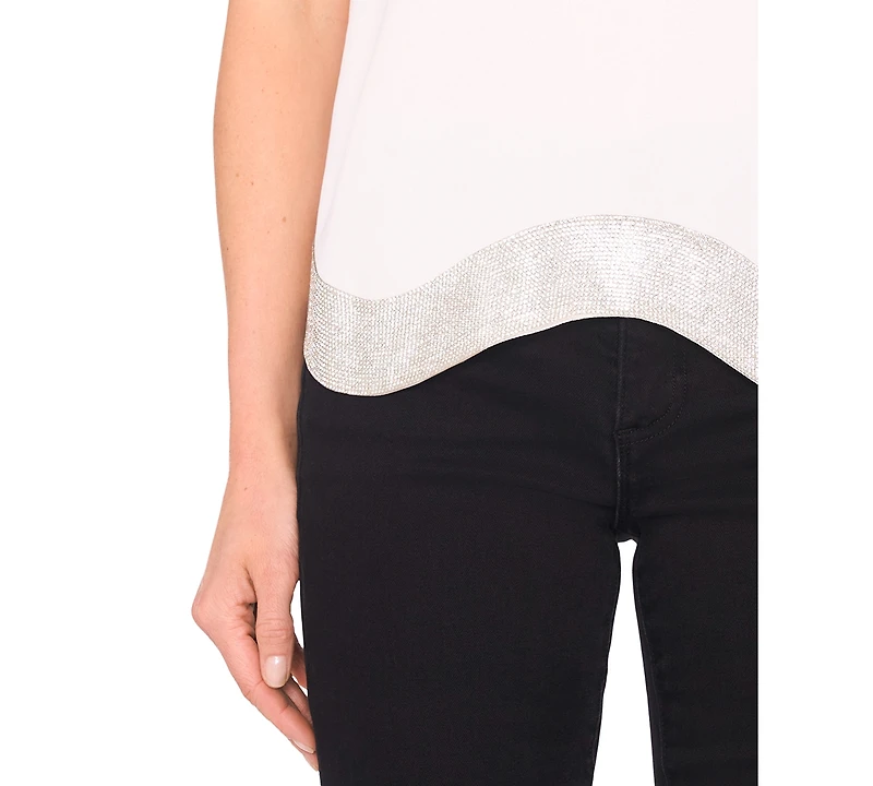 CeCe Women's Rhinestone Wavy Hem Short-Sleeve Blouse