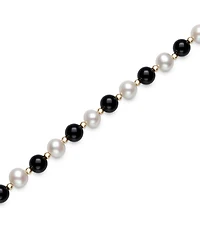 Macy's Freshwater Pearl (7.5-8.5mm), Black Onyx and Gold Bead Bracelet in 10k Yellow Gold