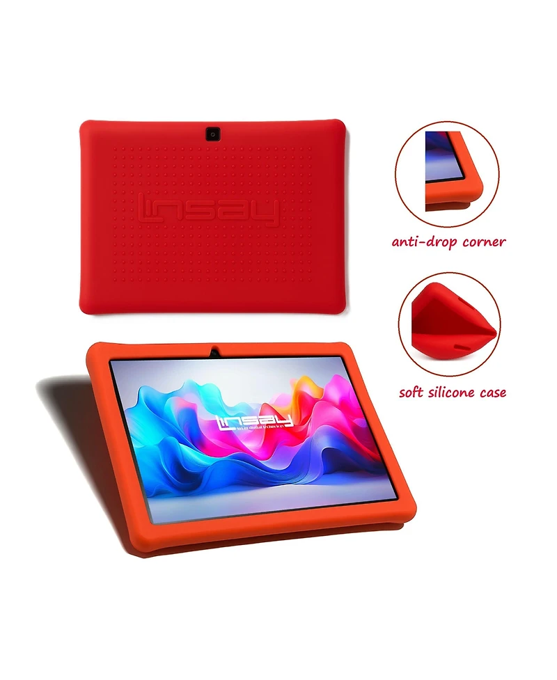 New Linsay 10.1" Kids Funny Tablet Octa Core 128GB Bundle with Red Kids Back Pack New Android 14 Dual Camera