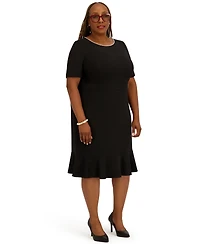 Kasper Women's Round Neck Knee Length Ruffle Skirt Dress, Regular and Plus