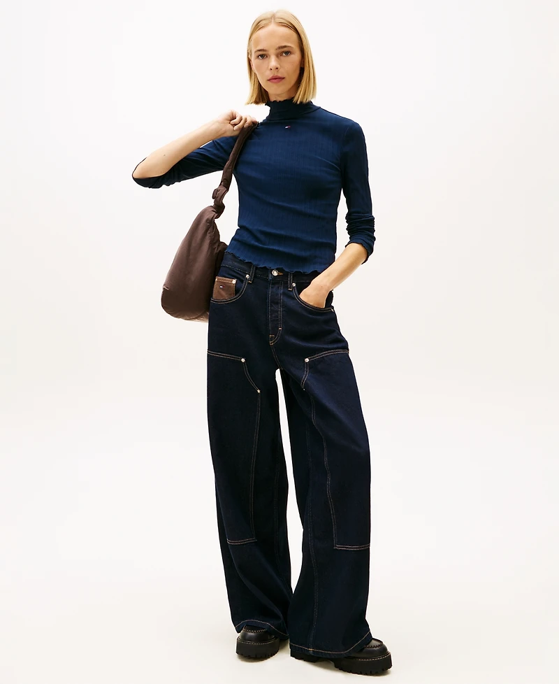 Tommy Jeans Women's Slim Ribbed Lettuce Edge Mock Neck Top