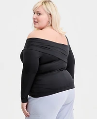 Bar Iii Trendy Plus Asymmetrical-Neck Long-Sleeve Top, Macy's Exclusive