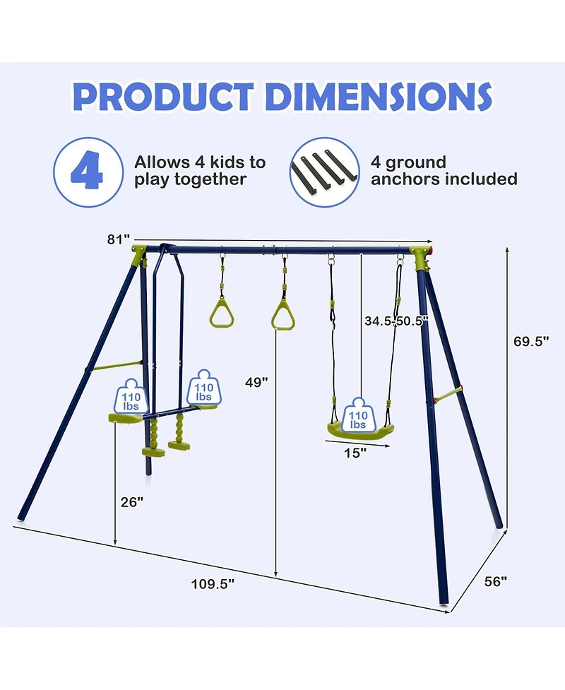 Skonyon 3-in-1 Outdoor Swing Set for Kids Aged 3 to 10