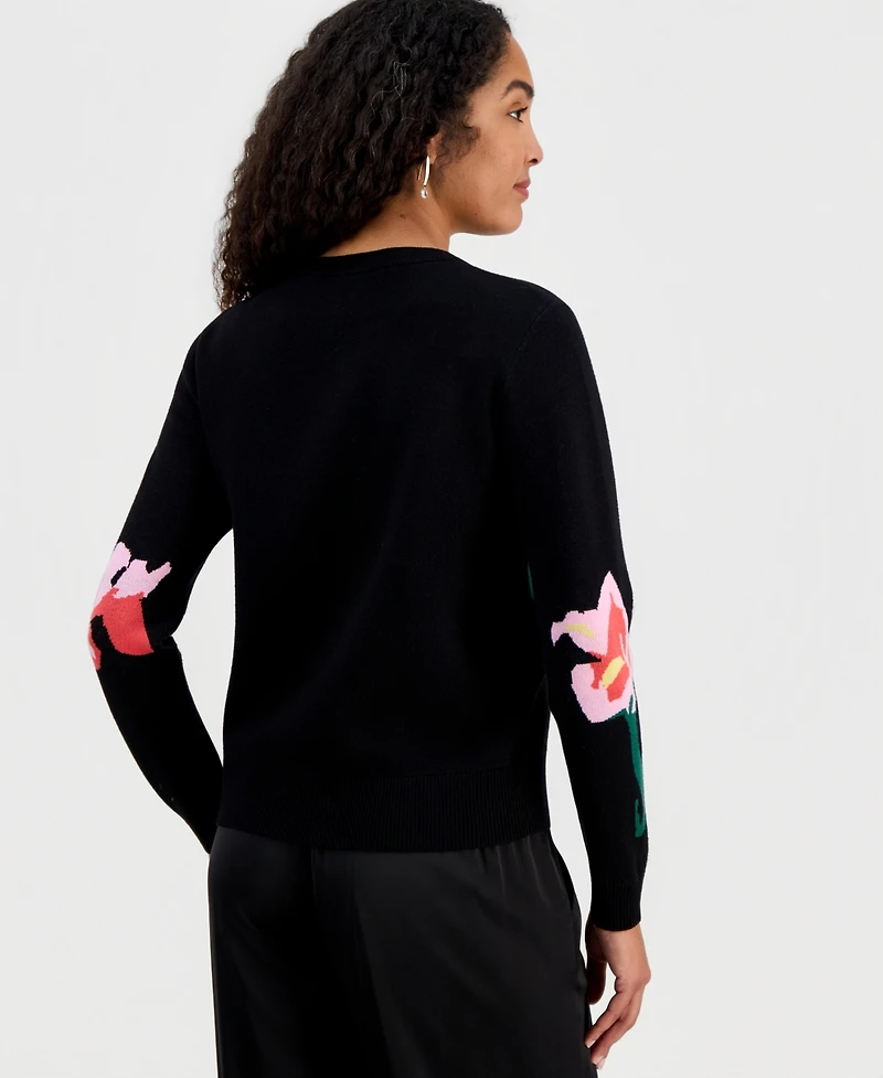 T Tahari Women's Flower Jacquard Crewneck Sweater