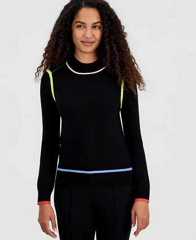 T Tahari Women's Multi-Color Tipping Mock-Neck Long-Sleeve Top