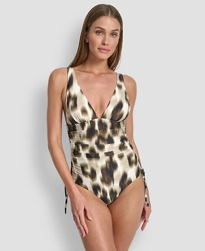 Dkny Women's Side Tie Plunge Removable Cups One-Piece Swimsuit