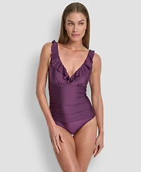 Dkny Ruffle Plunge Underwire Tummy Control One-Piece Swimsuit, Created for Macy's