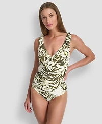 Dkny Ruffle Plunge Underwire Tummy Control One-Piece Swimsuit, Created for Macy's