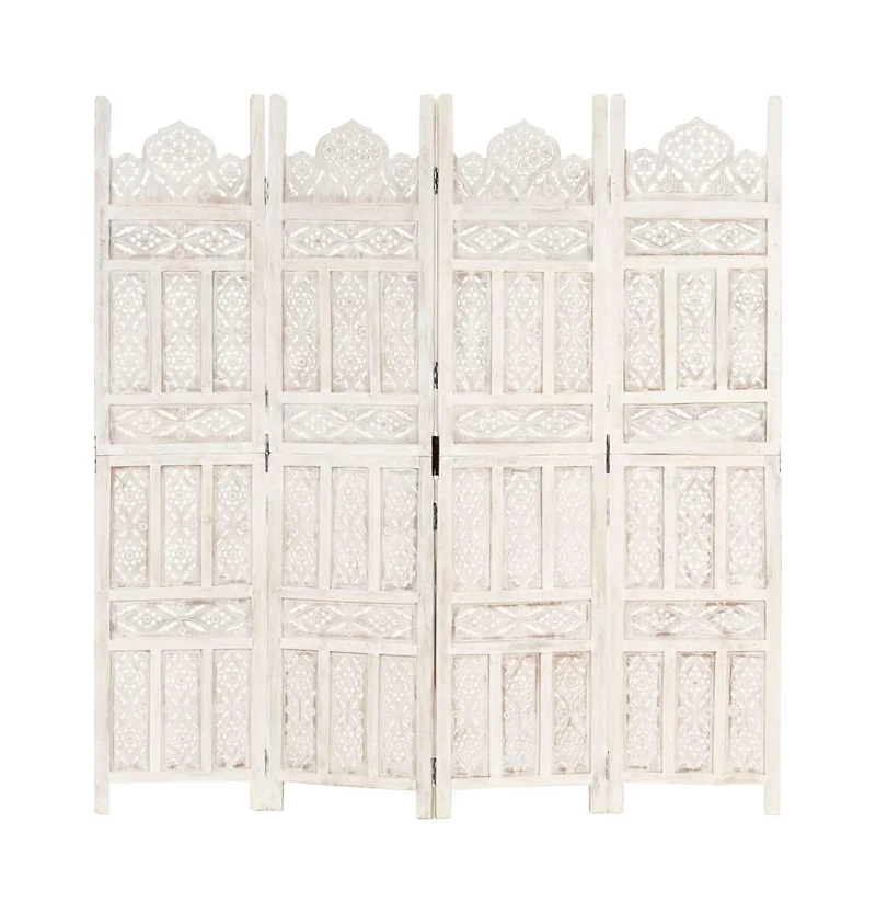 vidaXL Hand carved 4-Panel Room Divider White 63"x65" Solid Mango Wood