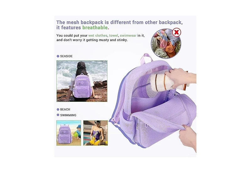 Batfox Mesh Backpack Heavy Duty, See Through School Backpack Transparent Bookbag for Swimming, Beach, Sports, Work, Travel