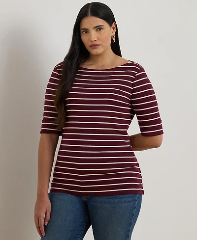 Lauren Ralph Plus Striped Stretch Boat Neck T-Shirt