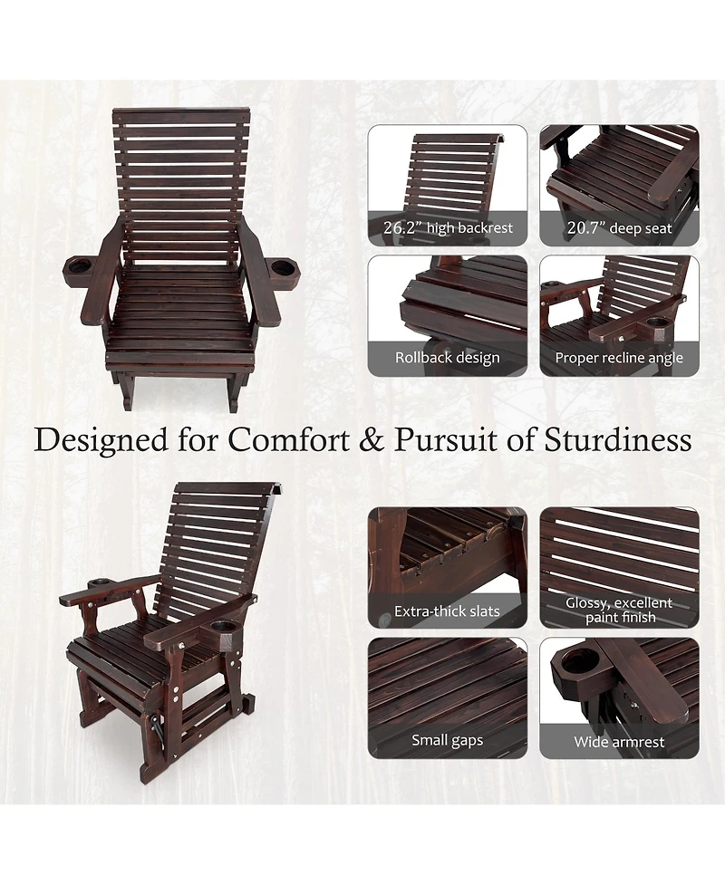 Mega Casa Patio Glider with Cup Holders, High Roll Back and Deep Contoured Seat, Heavy Duty 600 Lbs (1-Seater)