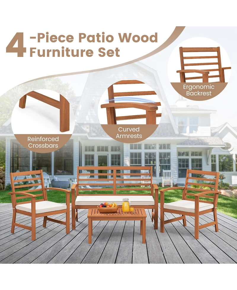 Gymax 4PCS Outdoor Furniture Set w/ Soft Seat Cushions Stable Acacia Wood Frame