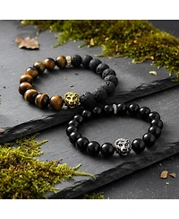 Bling Jewelry Set of 2 Lion Face Natural Onyx Tiger Eye & Lava Rock Bead Stretch Bracelet Gold Plated