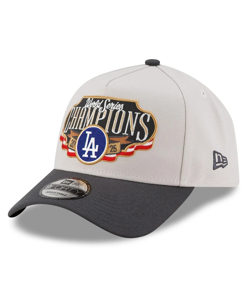 New Era Men's Cream/Charcoal Los Angeles Dodgers 2025 World Series Champions Locker Room A-Frame 9FORTY Adjustable Hat