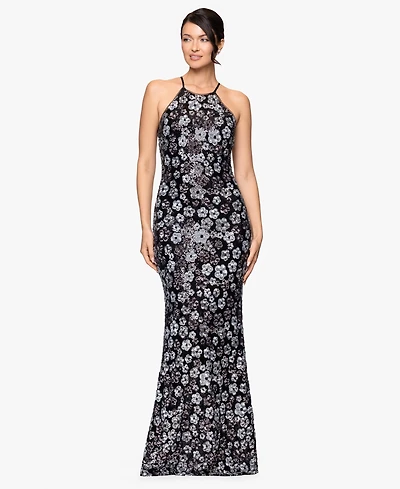 Betsy & Adam Petite All-Over Sequin Flower Halter Neck Long Dress