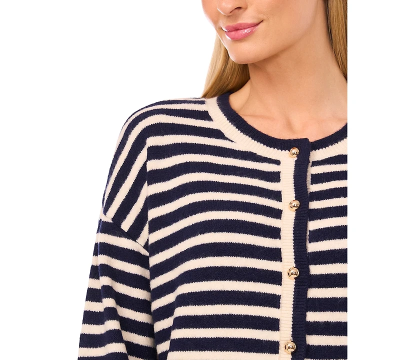 CeCe Women's Striped Long-Sleeve Cardigan Sweater