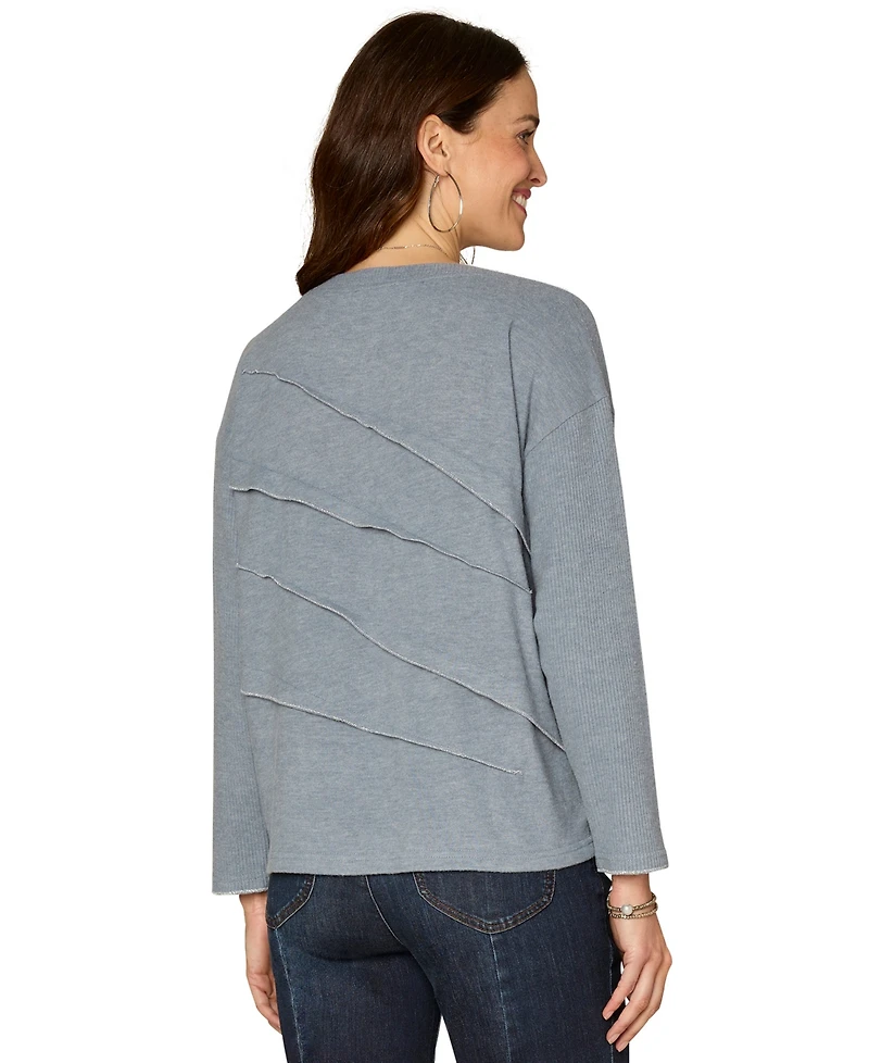 Democracy Petite Long-Sleeve Boat Neck Mix Media Knit Top