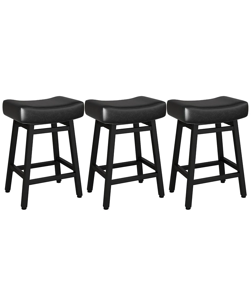 Dyhome 24 Inches Bar Stools Set of 3, Saddle Kitchen with Pu Leather Cushion Counter Height Barstools for Dining Cafe