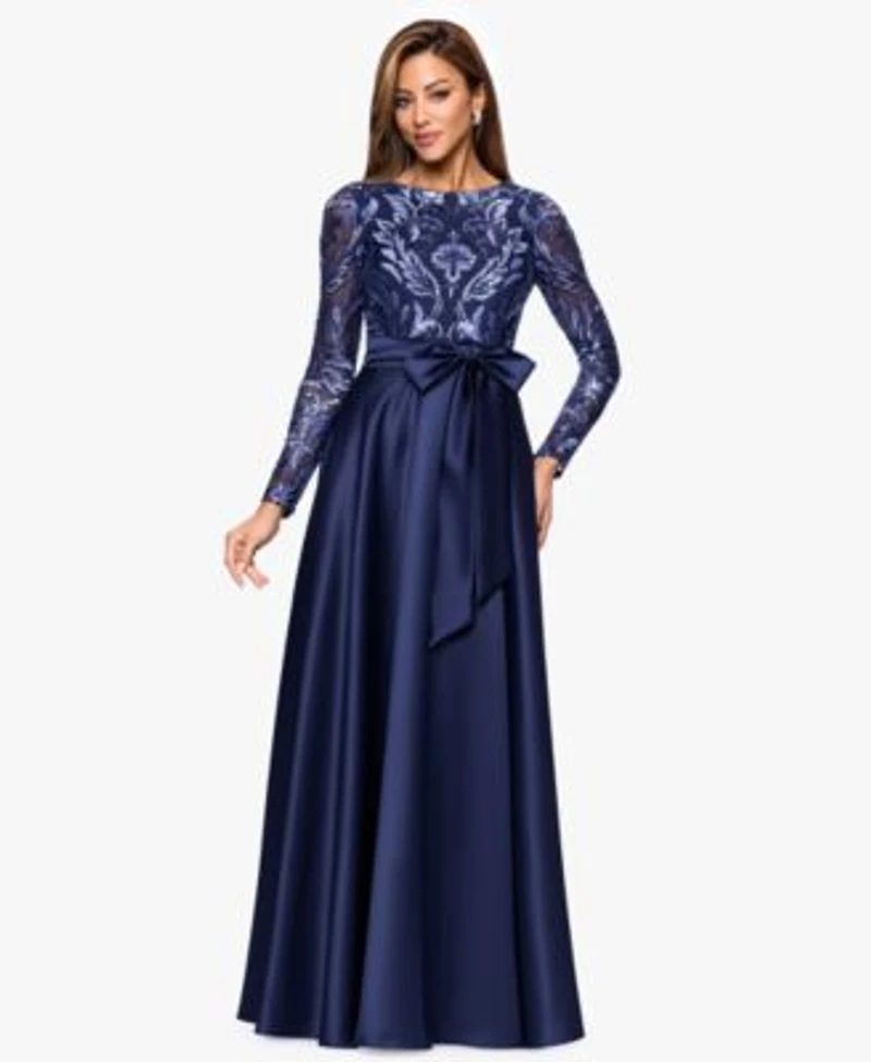 Xscape Womens Boat Neck Sequin Mesh Long Ball Gown