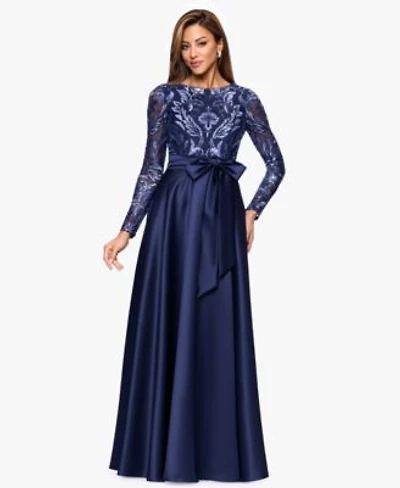 Xscape Womens Boat Neck Sequin Mesh Long Ball Gown