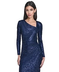 Eliza J Petite Social Sequin Asymmetrical Neck Dress