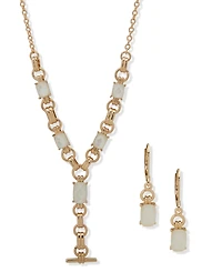 Anne Klein 2-Piece Plastic and Imitation Pearl Linked Stone Toggle Y-Necklace and Earrings Set